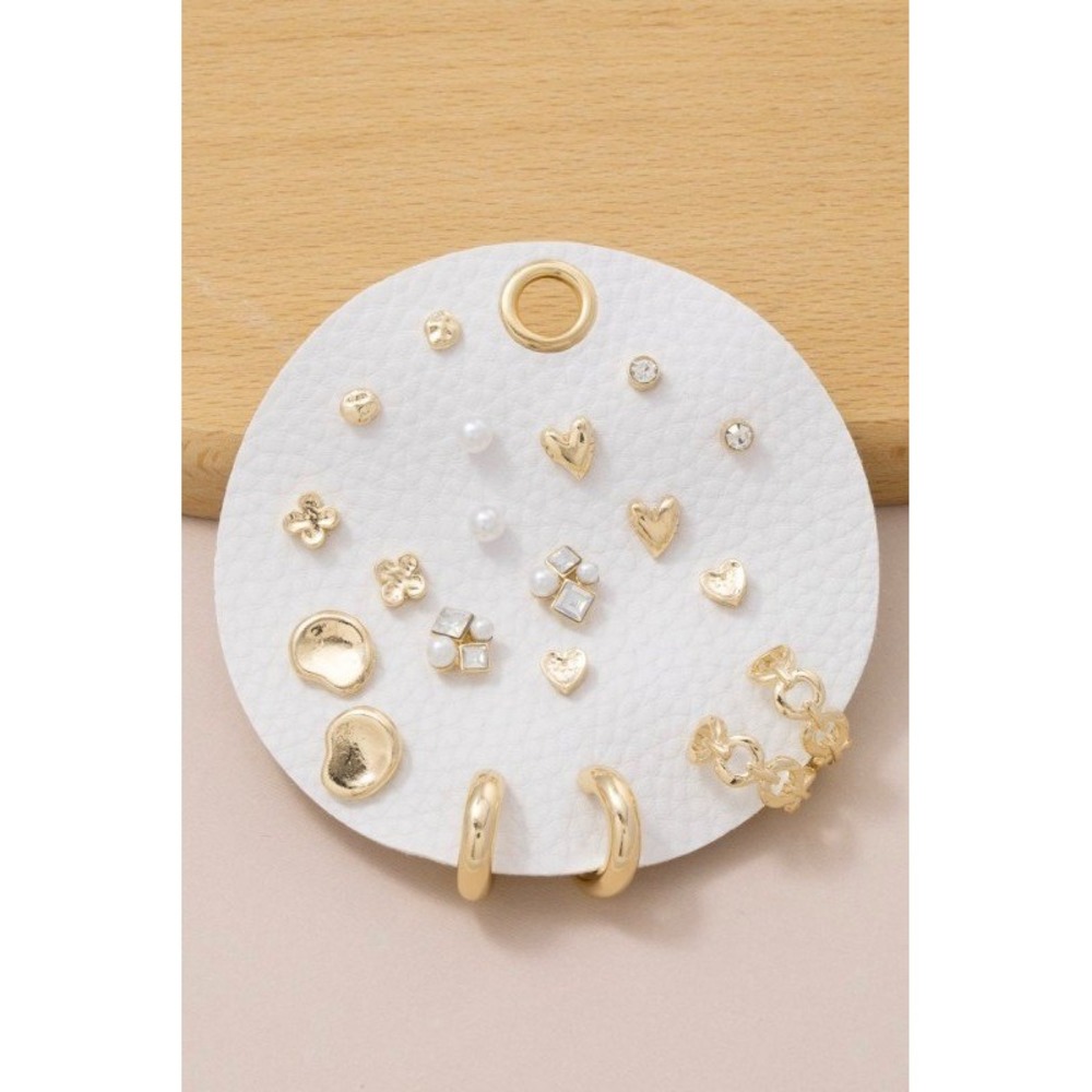 NEW Gold Tone Earrings 10 Pairs Studs Hoops Hearts Faux Pearl‎ Rhinestone Multi